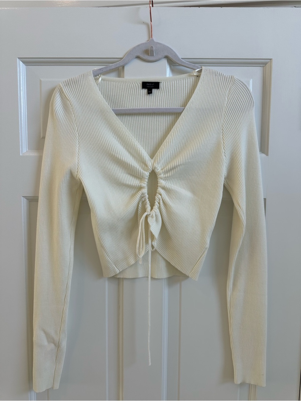 debut Ivory Ribbed Drawstring V-Neck Long Sleeve Top